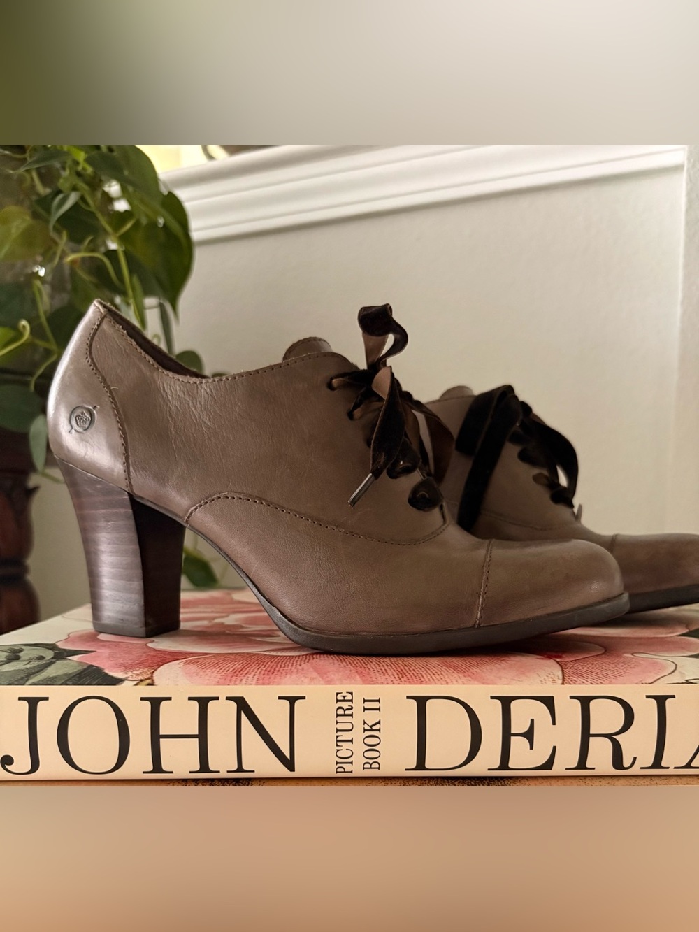Børn Dana Leather Lace Up Heeled Booties Shoes | Taupe Brown | Size US 9 EU 40.5